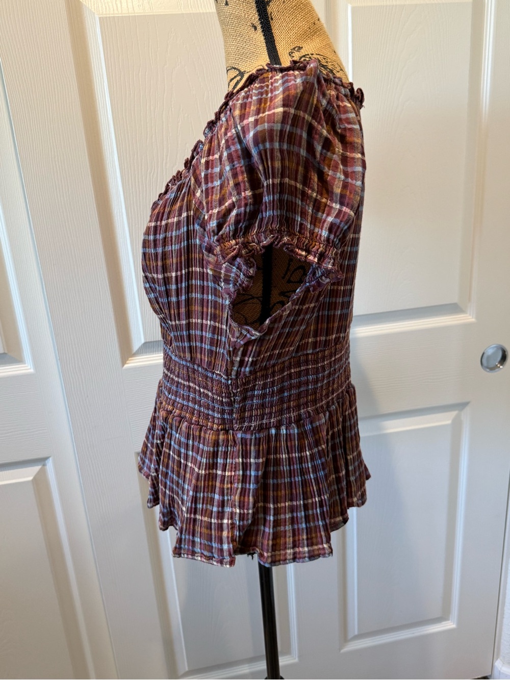Old Navy Rust Multi Plaid Peplum Smocked Waist Blouse - Picture 2 of 6